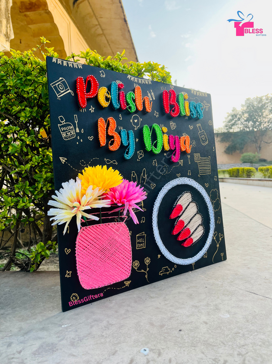 Handmade string art name plate with brand logo