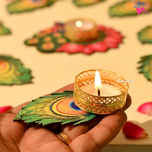 Peacock Feather Tealight Holder Set, Perfect for Diwali Decor (Set of 50)