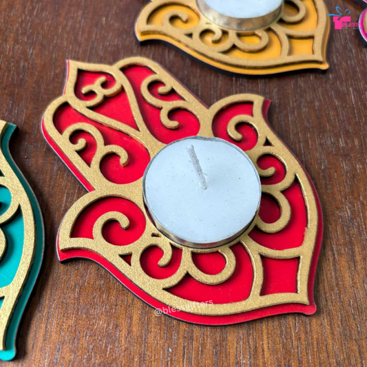 Colorful Wooden Hamsa Hand Tealight Holders for Diwali Decoration (Set of 20)
