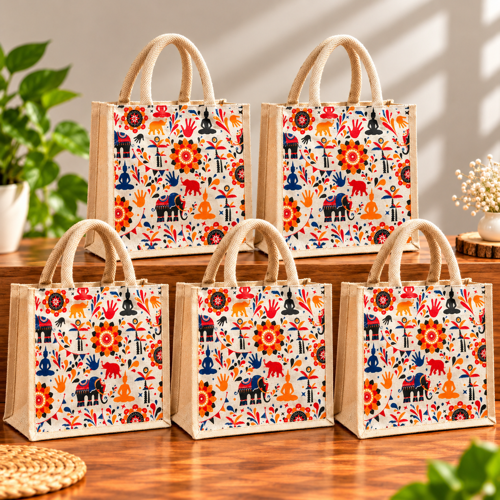 Abstract Print Jute Gifting Bag with Zip Closure