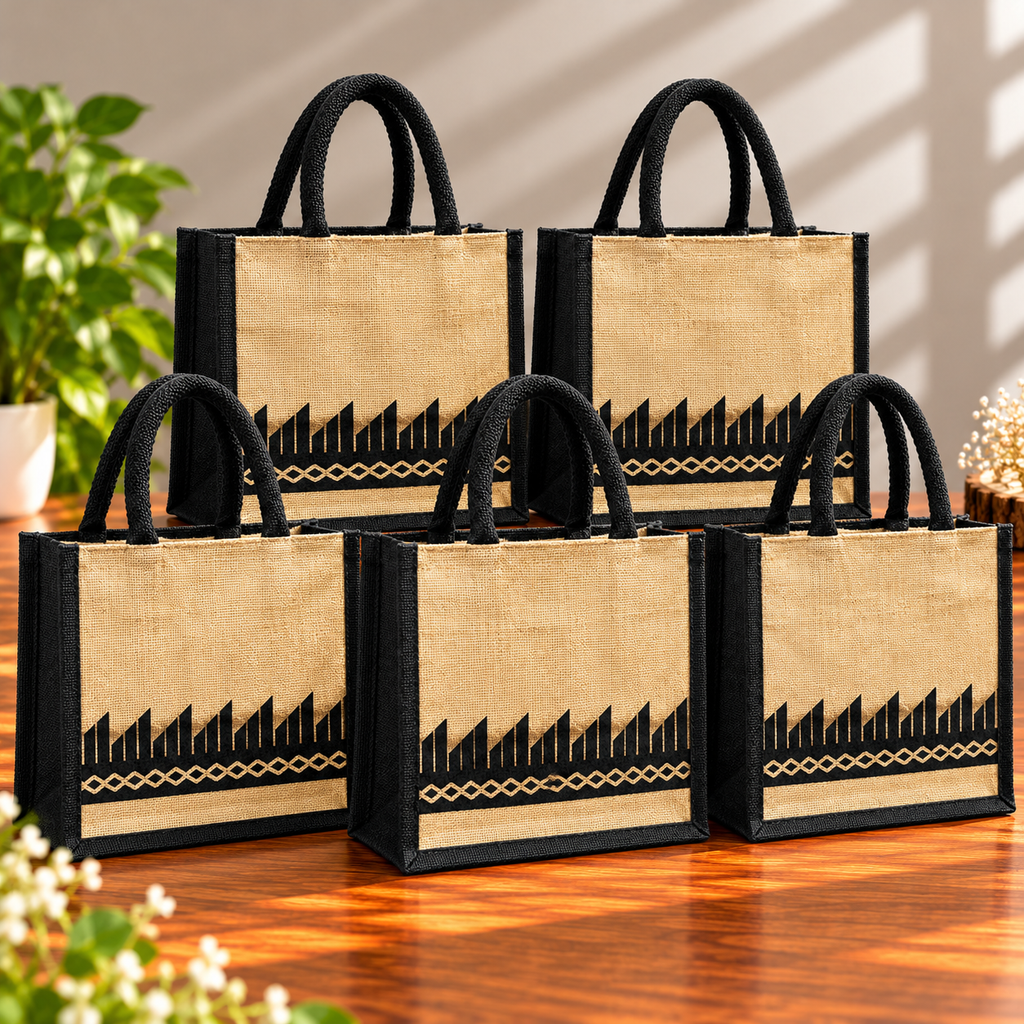 Black and Natural Jute Tote Bag with Geometric Border Print