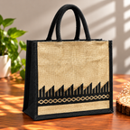 Black and Natural Jute Tote Bag with Geometric Border Print