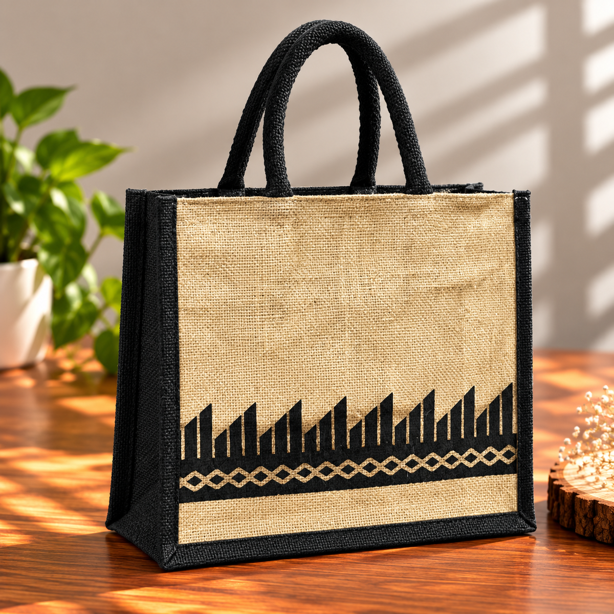 Black and Natural Jute Tote Bag with Geometric Border Print