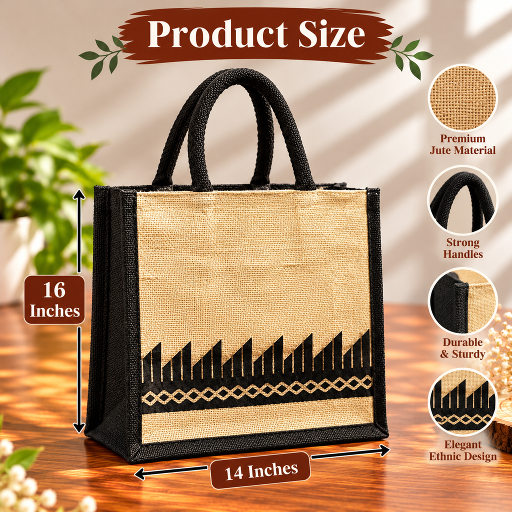 Black and Natural Jute Tote Bag with Geometric Border Print