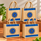 Blue Evil Eye Printed Jute Tote Bag