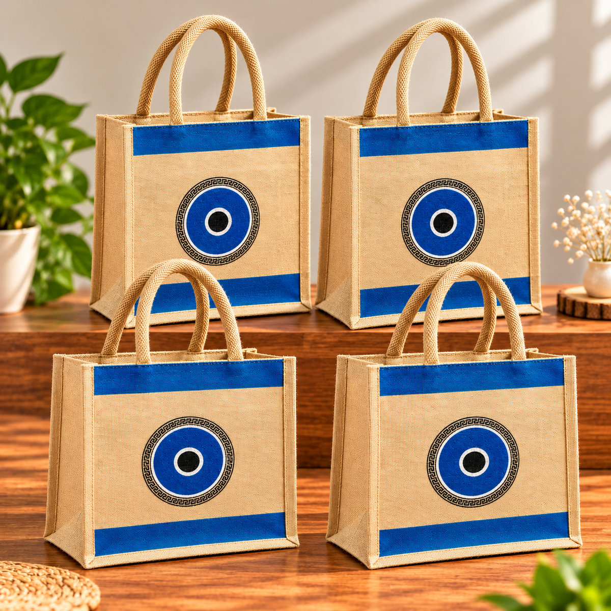 Blue Evil Eye Printed Jute Tote Bag