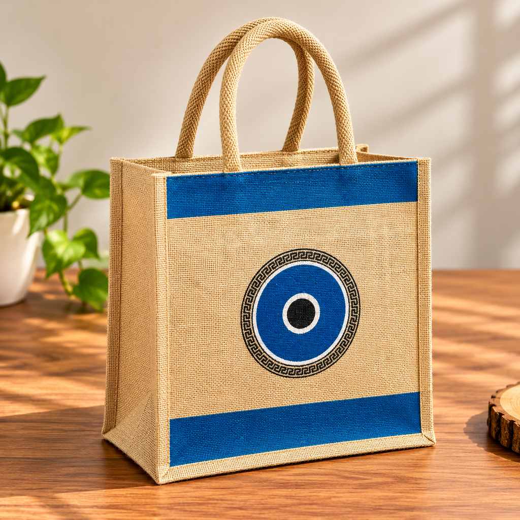 Blue Evil Eye Printed Jute Tote Bag