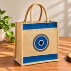Blue Evil Eye Printed Jute Tote Bag