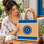 Blue Evil Eye Printed Jute Tote Bag