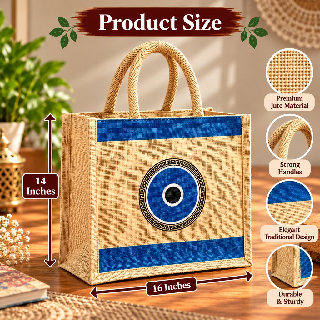 Blue Evil Eye Printed Jute Tote Bag