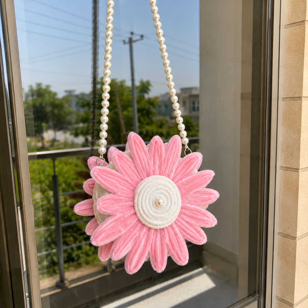 Customized Pink Daisy Pearl Sling Bag