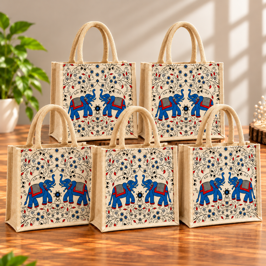 Double Elephant Printed Jute Tote Bag