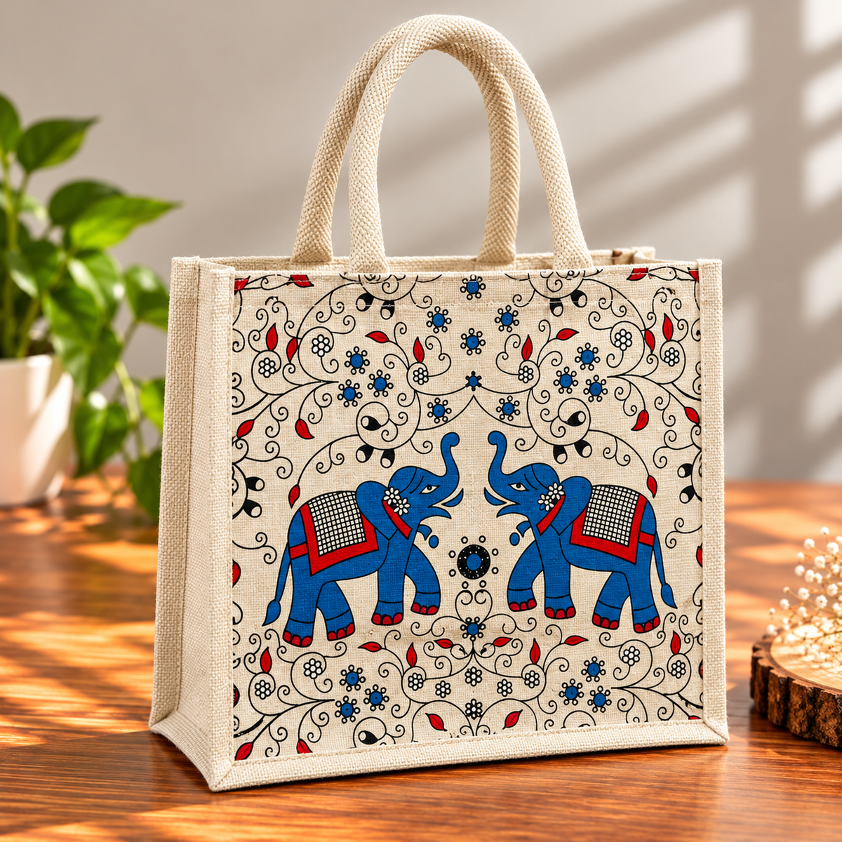 Double Elephant Printed Jute Tote Bag