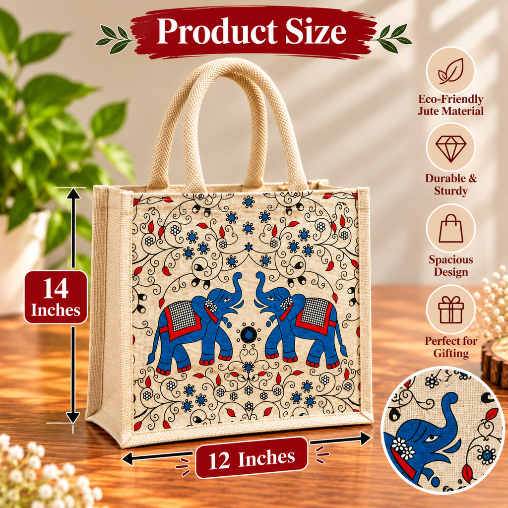 Double Elephant Printed Jute Tote Bag