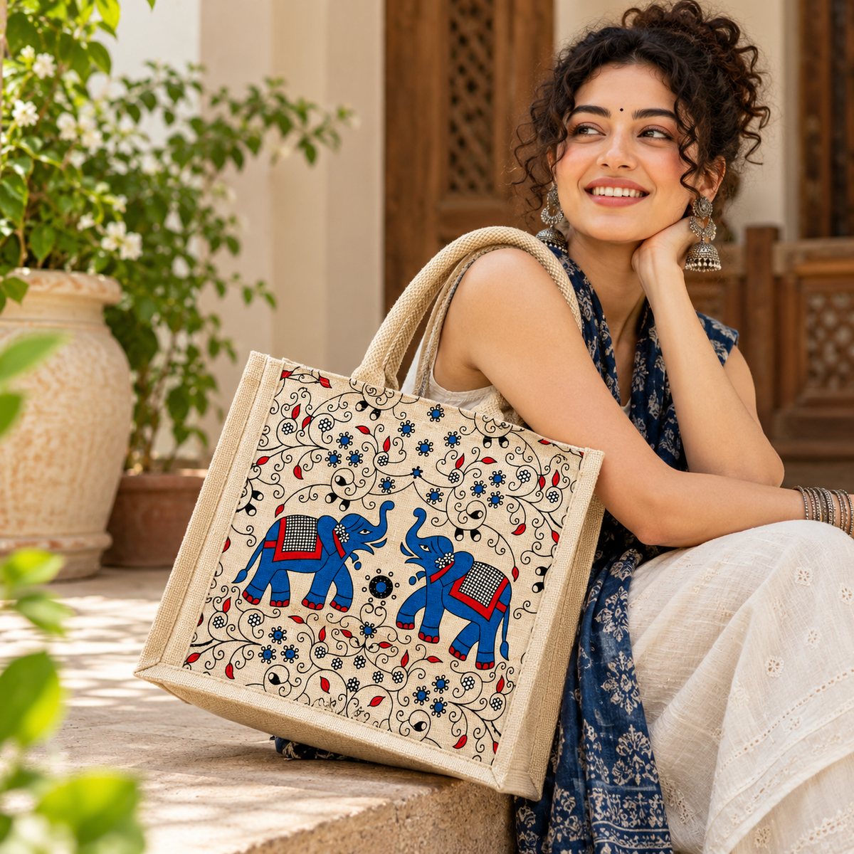Double Elephant Printed Jute Tote Bag