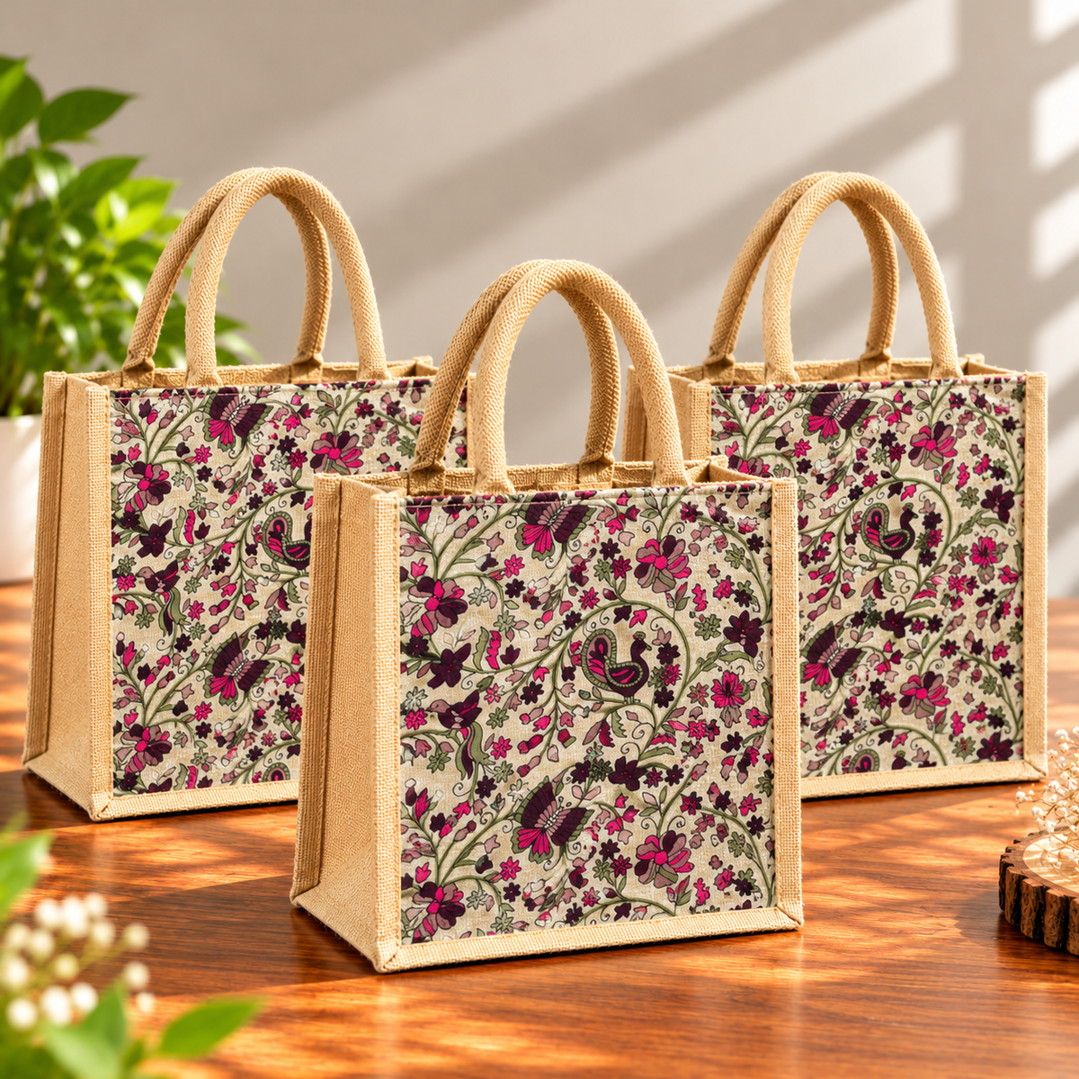 Floral Printed Jute Tote Bag for Women / Everyday Using Bag