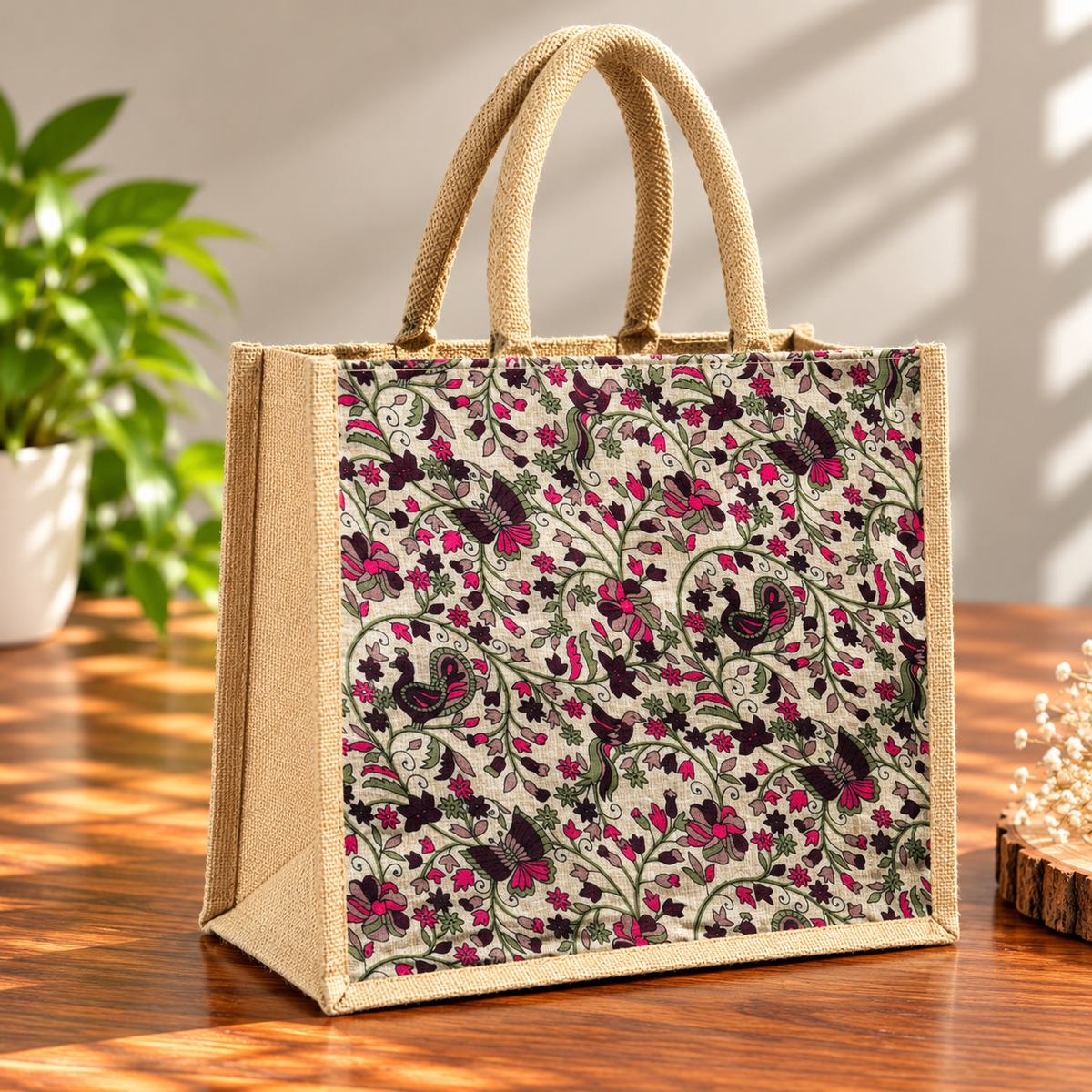 Floral Printed Jute Tote Bag for Women / Everyday Using Bag