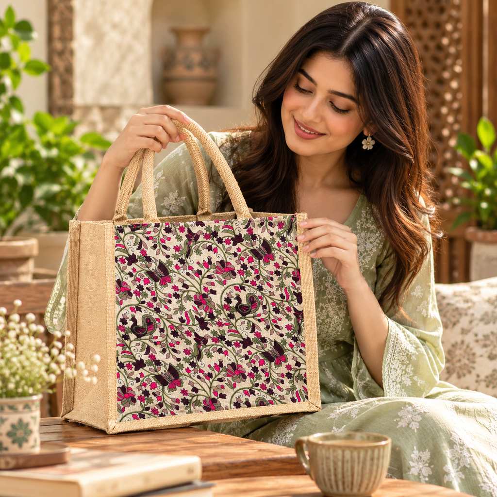 Floral Printed Jute Tote Bag for Women / Everyday Using Bag