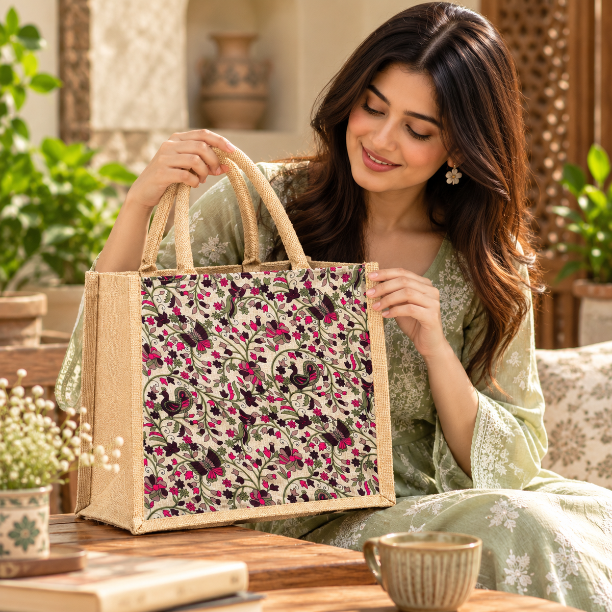 Floral Printed Jute Tote Bag for Women / Everyday Using Bag