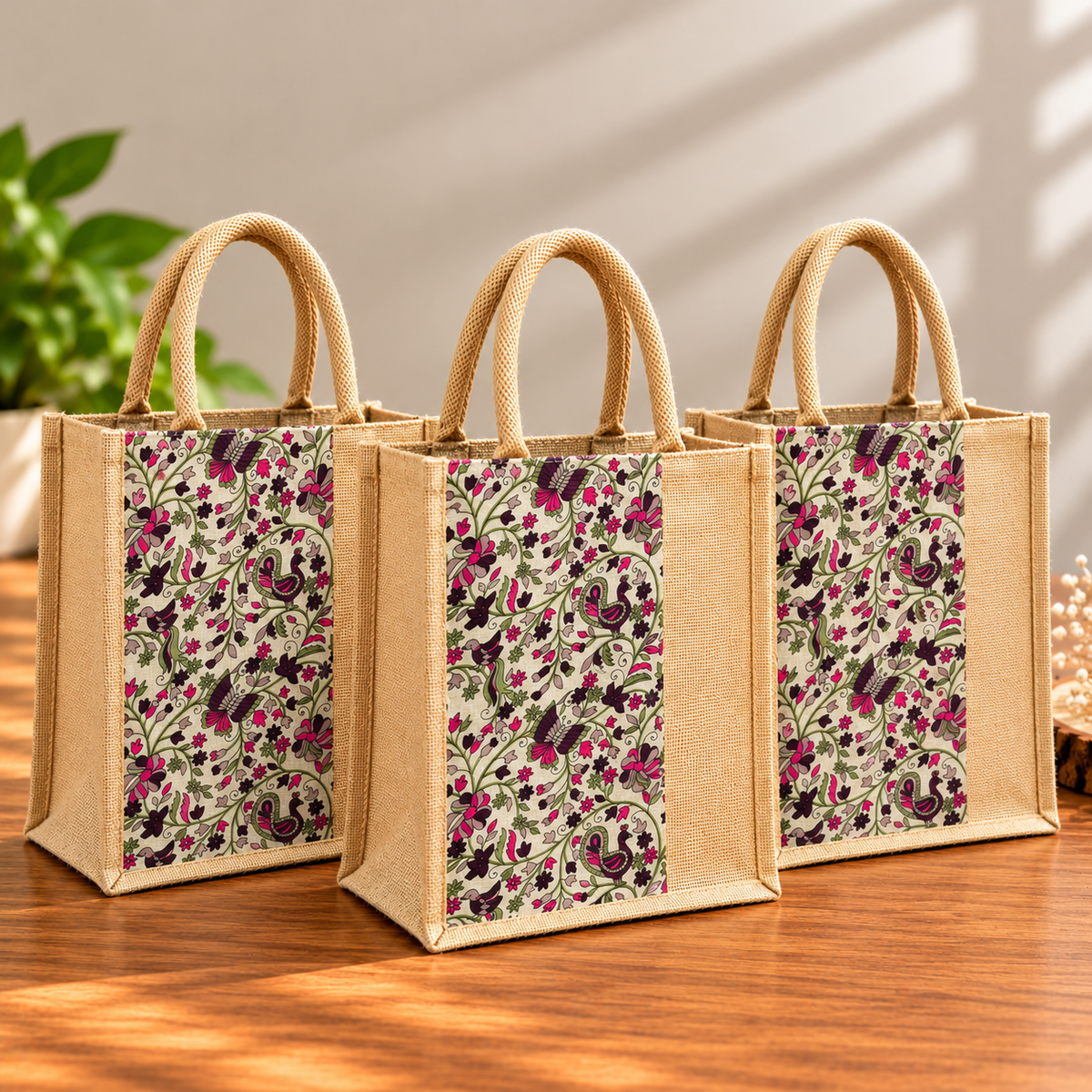 Floral Printed Jute Tote Bag with Colorful Pattern for Shopping