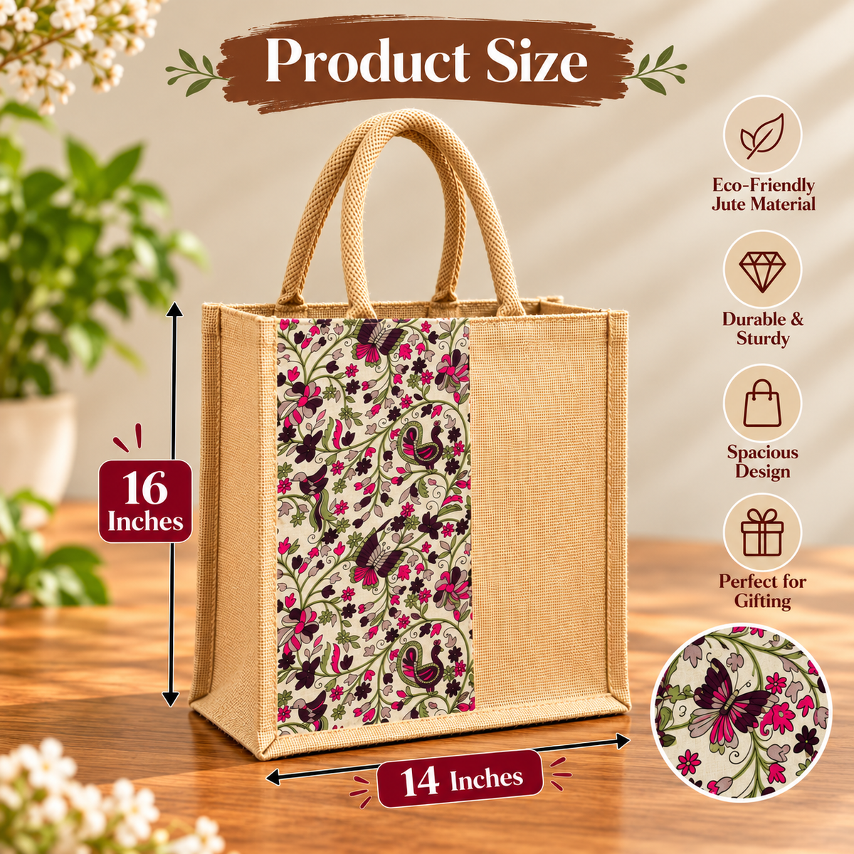 Floral Printed Jute Tote Bag with Colorful Pattern for Shopping