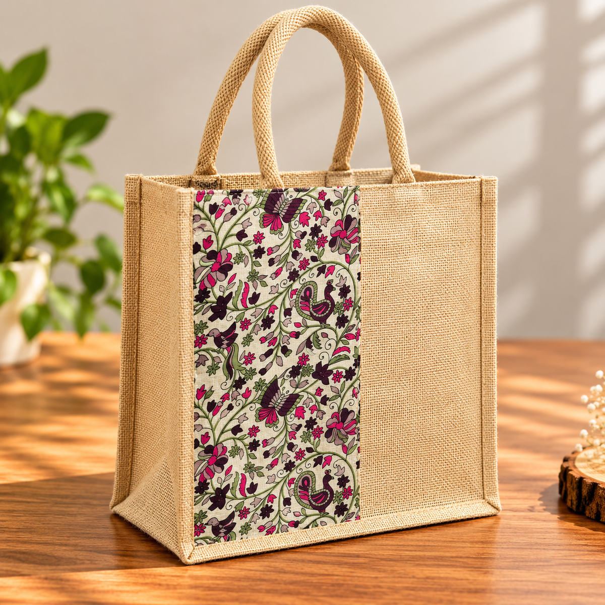 Floral Printed Jute Tote Bag with Colorful Pattern for Shopping