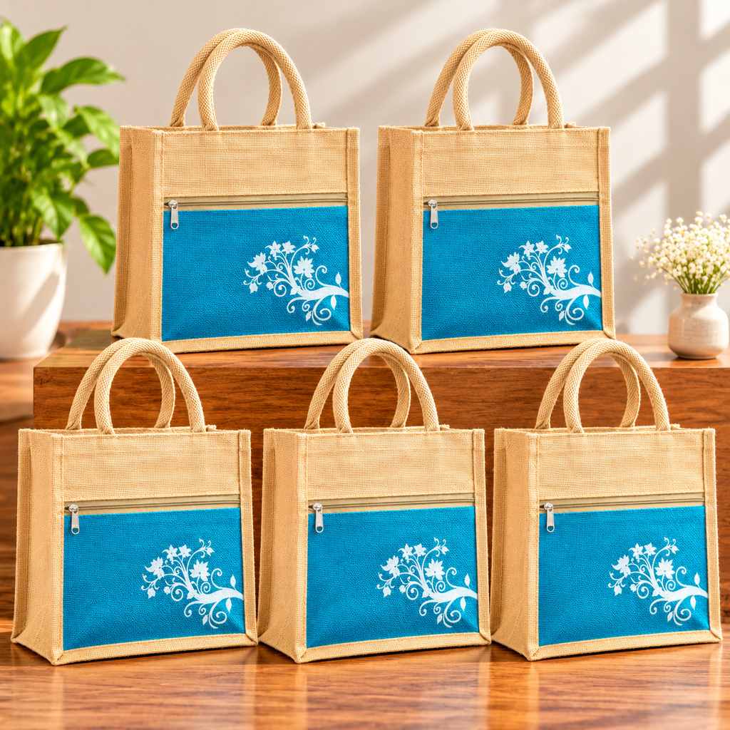 Jute Tote Bag With Blue Floral Front Pocket