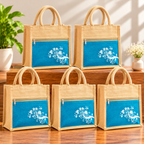 Jute Tote Bag With Blue Floral Front Pocket