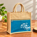 Jute Tote Bag With Blue Floral Front Pocket