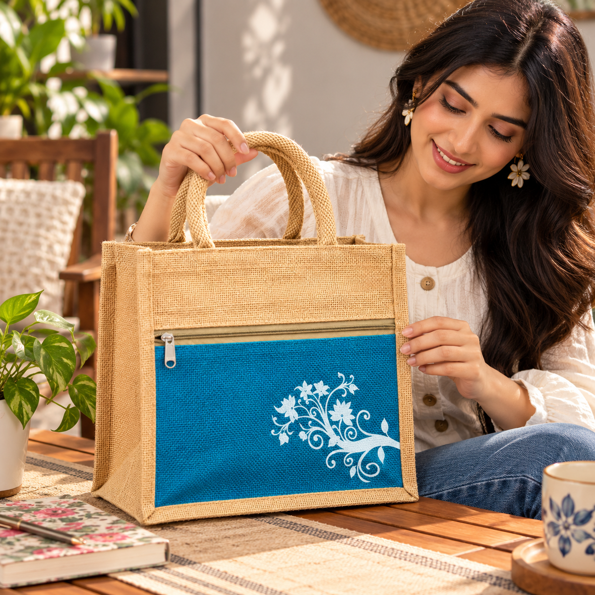 Jute Tote Bag With Blue Floral Front Pocket