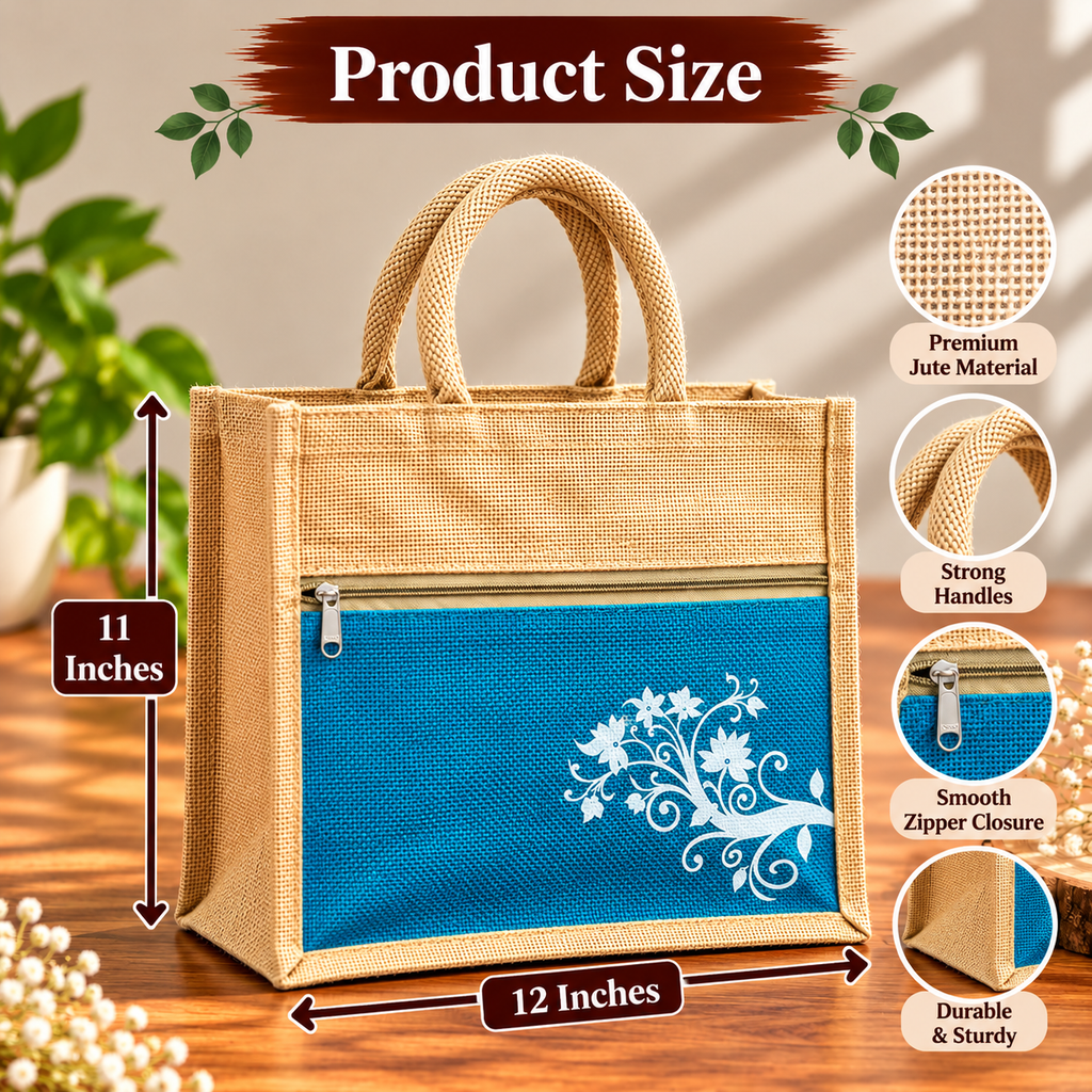 Jute Tote Bag With Blue Floral Front Pocket