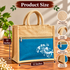 Jute Tote Bag With Blue Floral Front Pocket