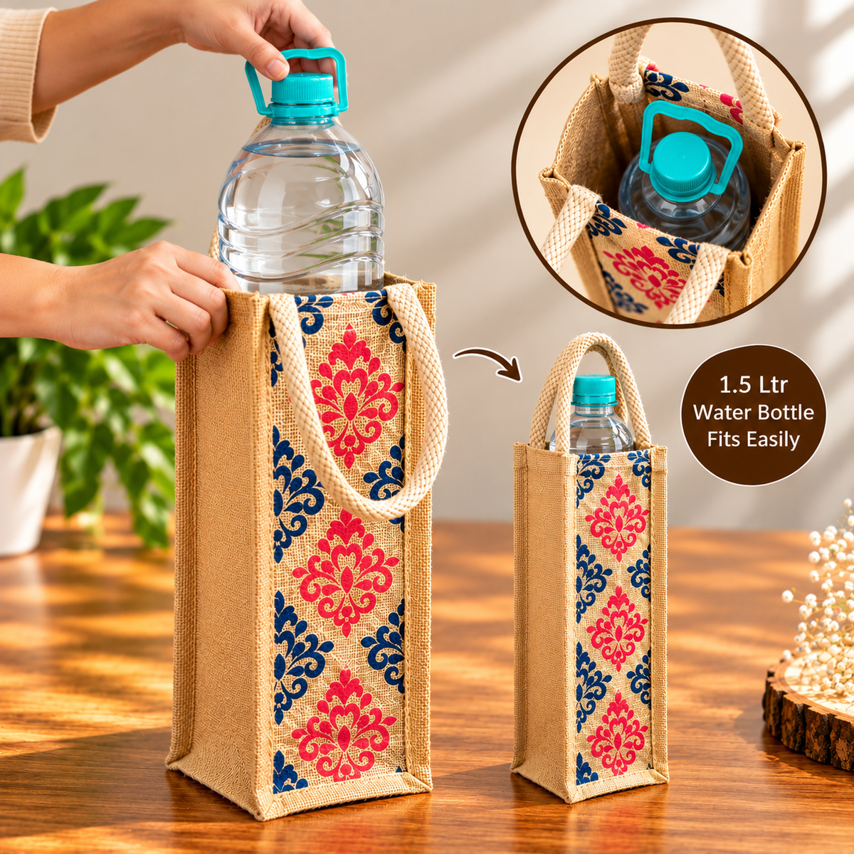 Jute Water Bottle And Wine Carry Bag , 1.5 Ltr / Set of 3