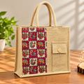 Kalamkari Printed Jute Tote Bag With Front Mobile Pocket