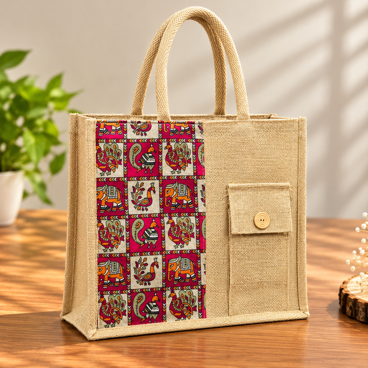 Kalamkari Printed Jute Tote Bag With Front Mobile Pocket