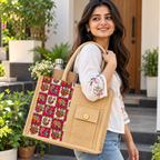 Kalamkari Printed Jute Tote Bag With Front Mobile Pocket