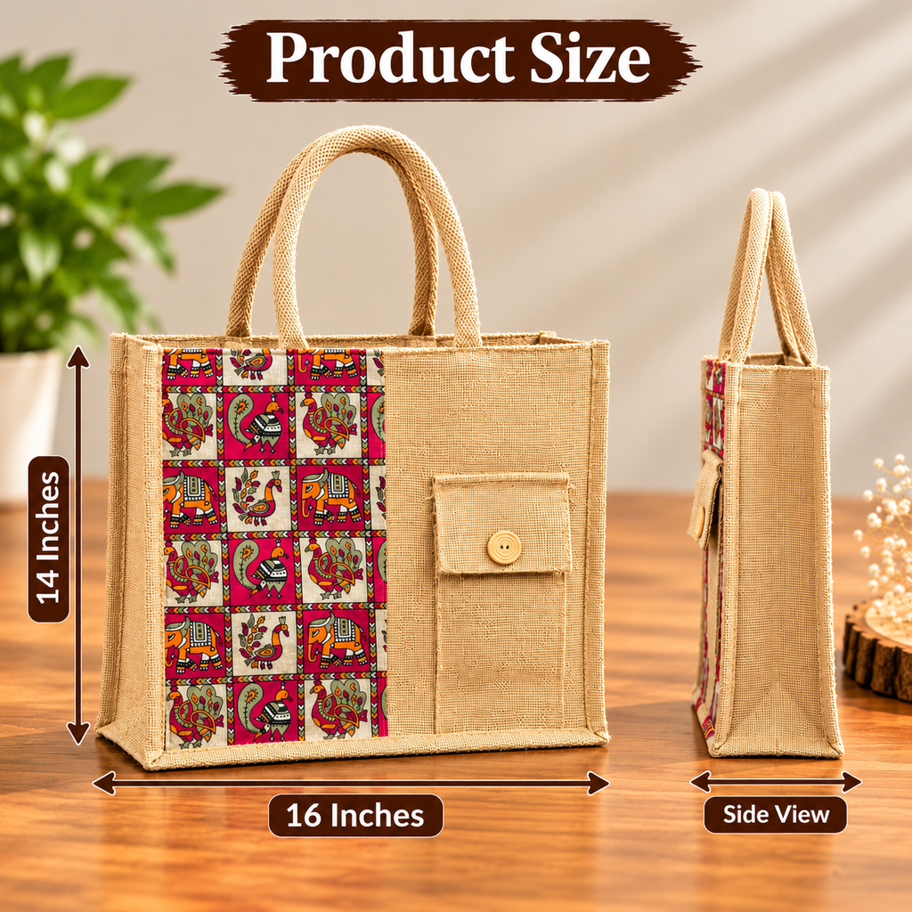 Kalamkari Printed Jute Tote Bag With Front Mobile Pocket