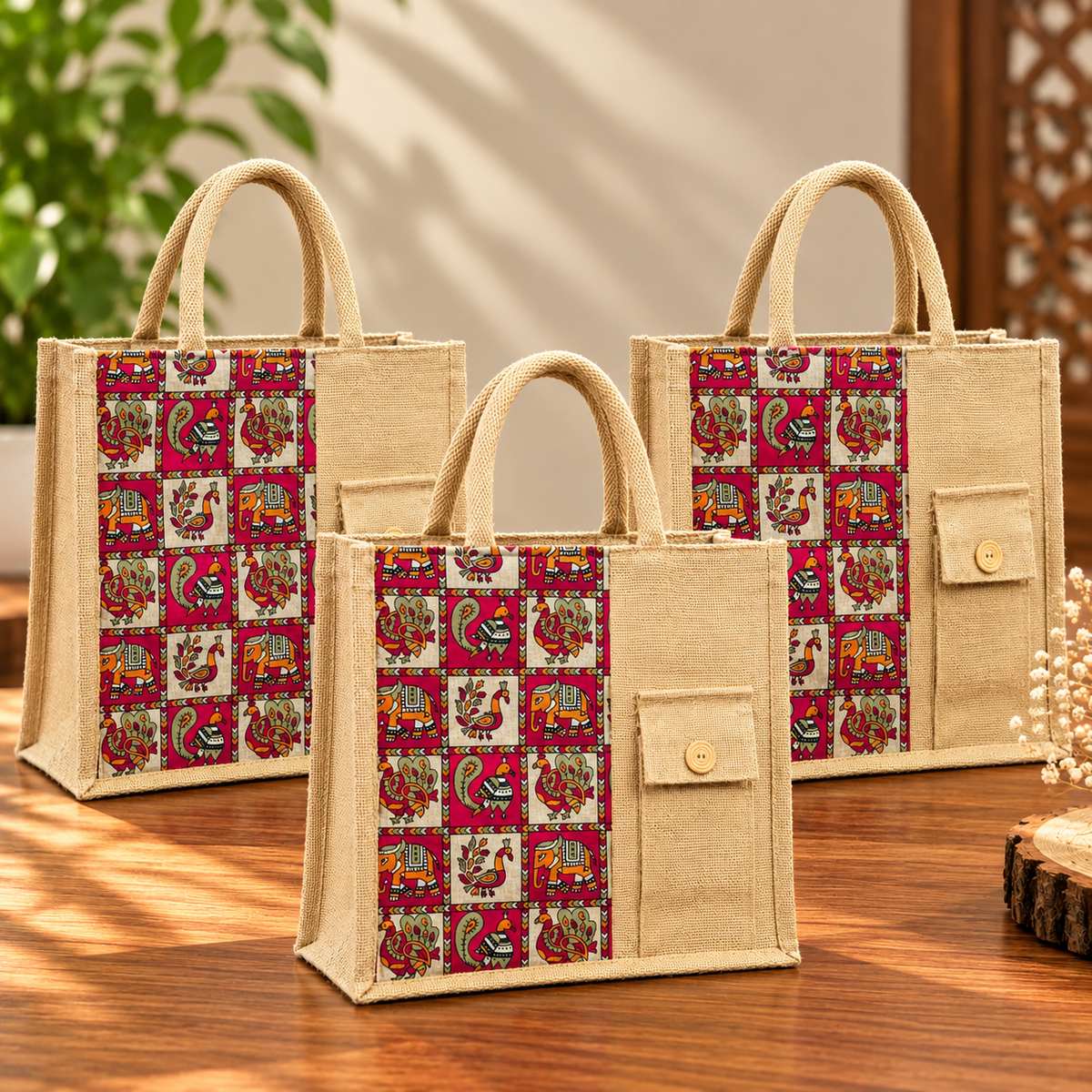 Kalamkari Printed Jute Tote Bag With Front Mobile Pocket