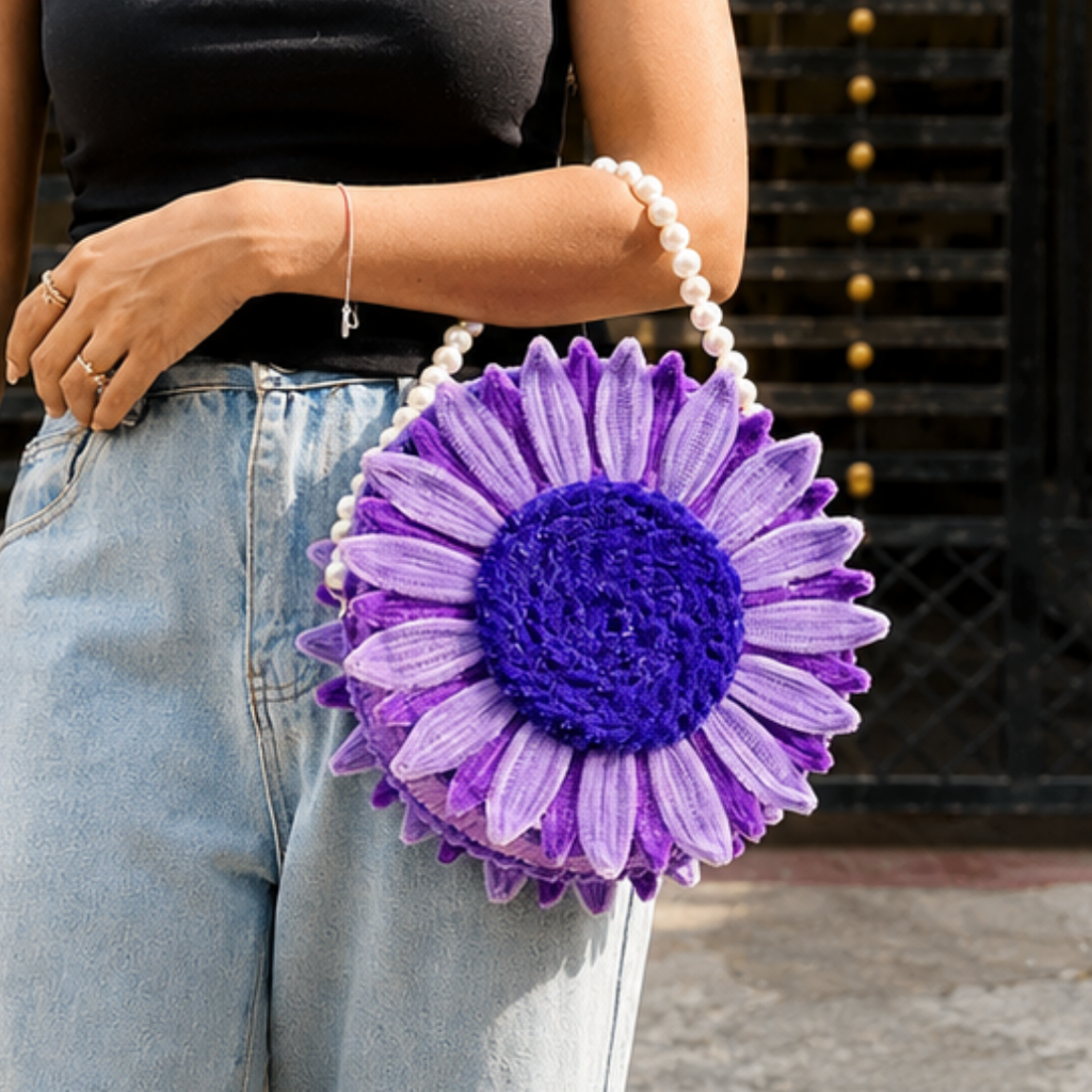 Lavender Petal Pearl Clutch Bag – Elegant Handmade Floral Sling Purse