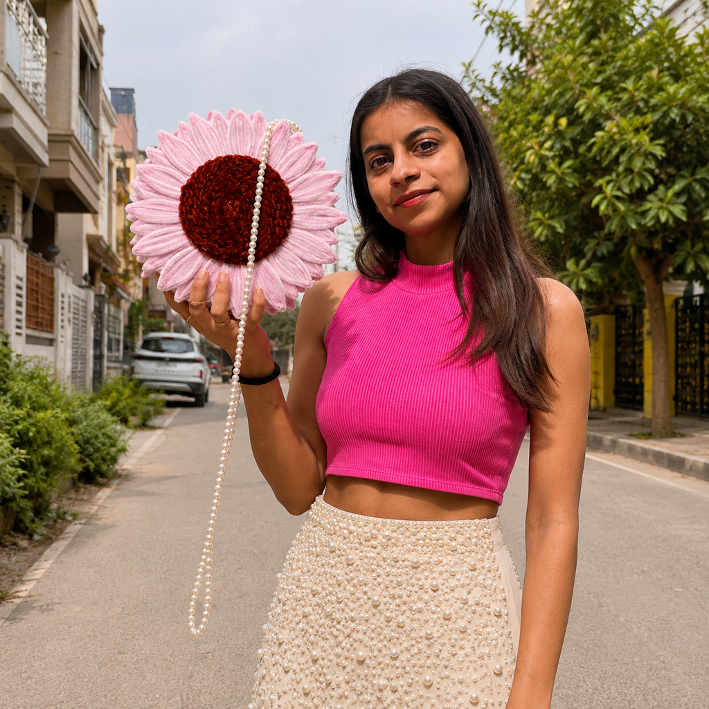 Light Pink Petal Pearl Clutch – Handmade Floral Sling Bag