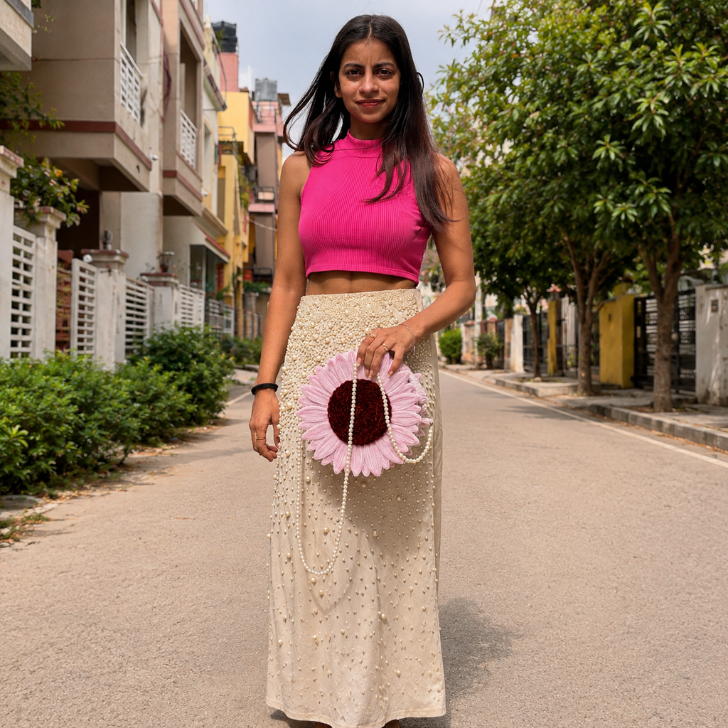 Light Pink Petal Pearl Clutch – Handmade Floral Sling Bag