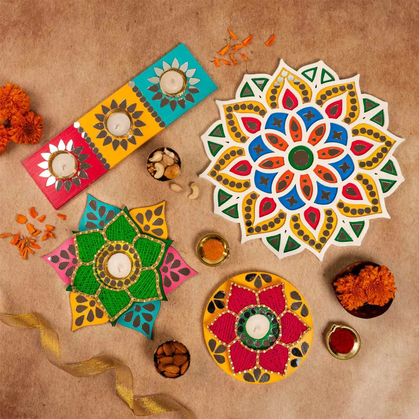 Multi Colorful Tealight Holder With Mirror Work