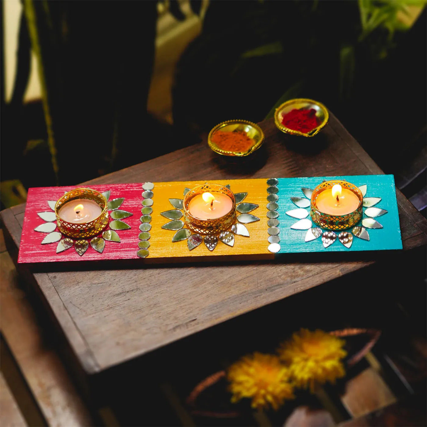Multi Color Wooden Tealight Holder With Mirror Work