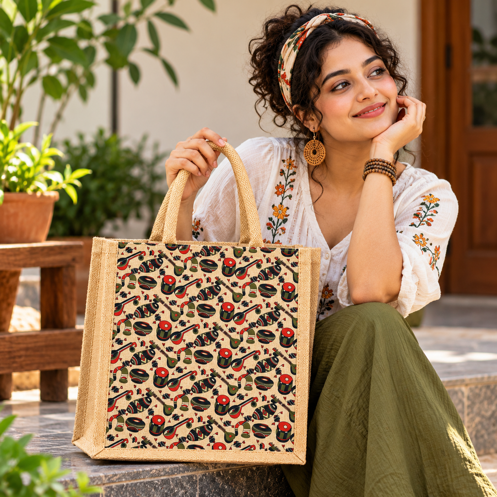 Musical Instrument Print Jute Tote Bag