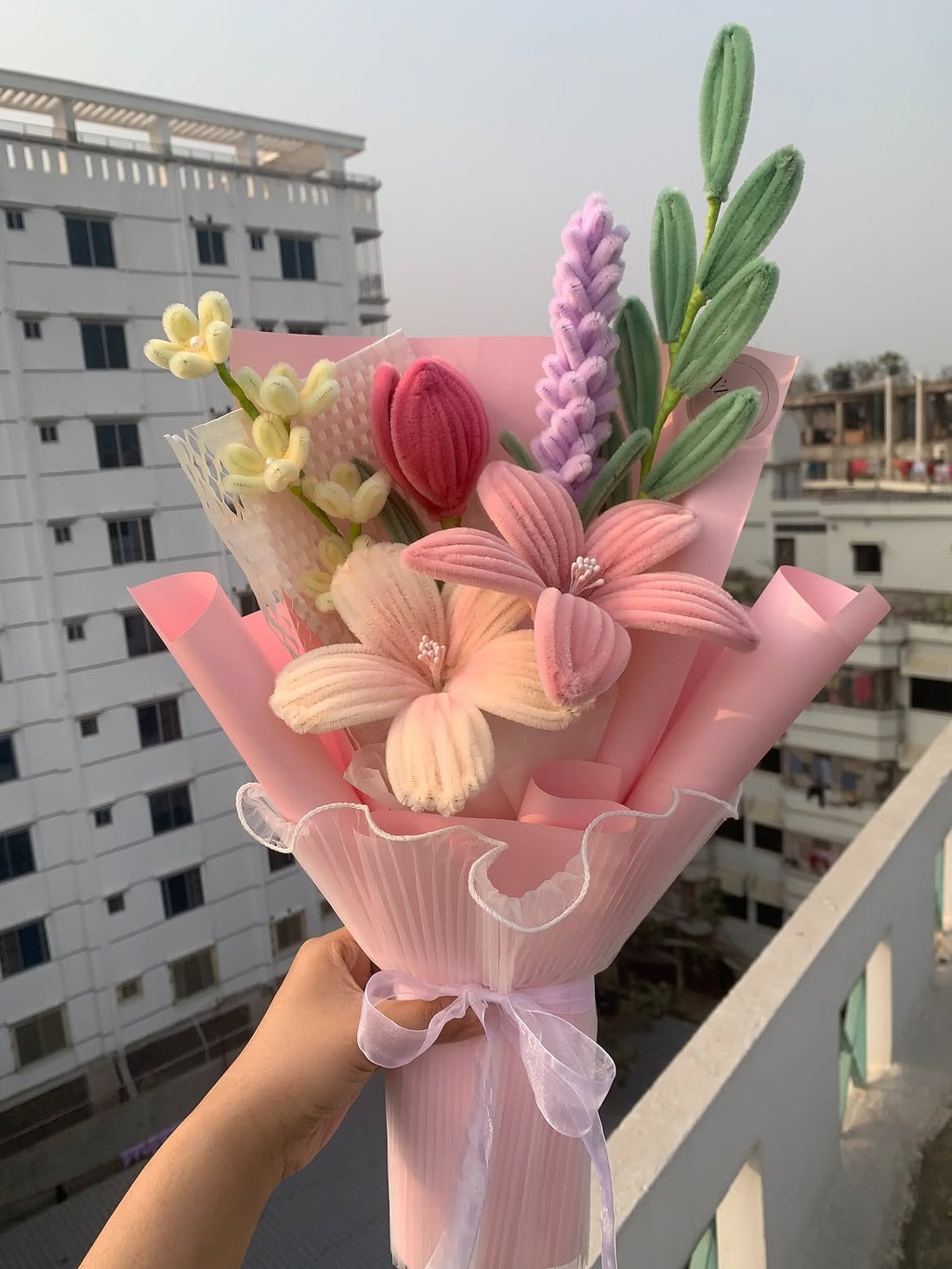 Pastel Pink Handmade Flower Bouquet with Lavender Blooms