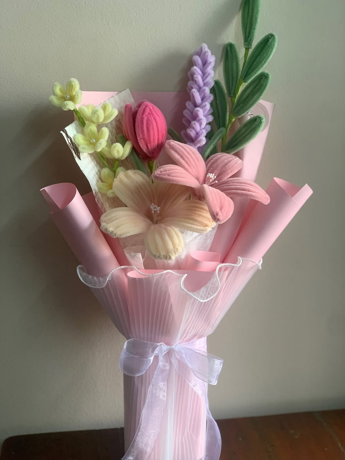 Pastel Pink Handmade Flower Bouquet with Lavender Blooms