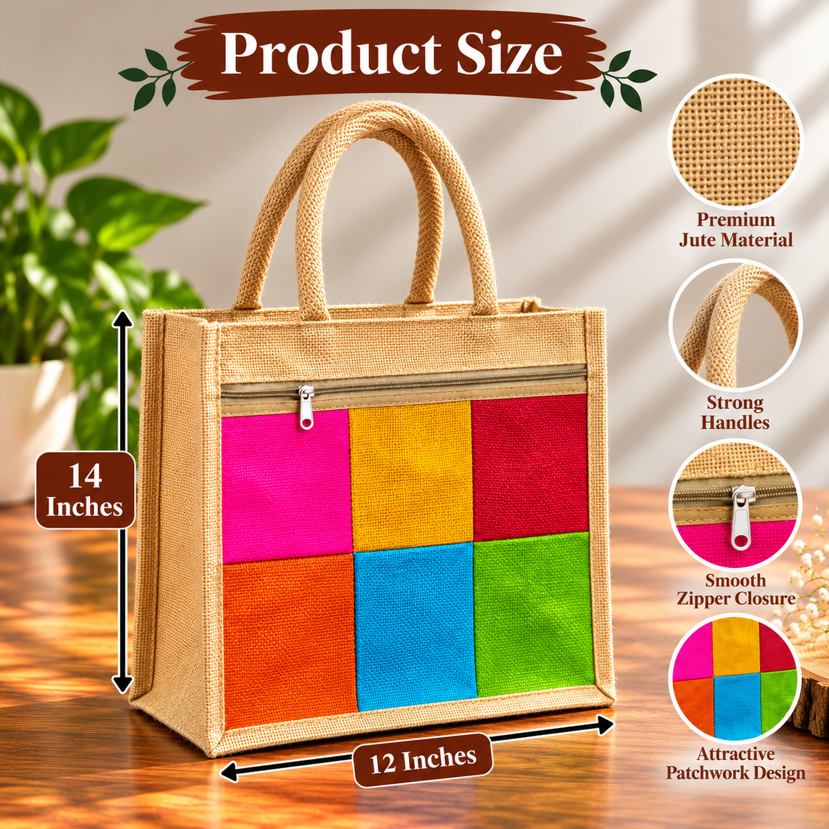 Rainbow Jute Tote Bag With Front Zipper