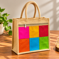 Rainbow Jute Tote Bag With Front Zipper