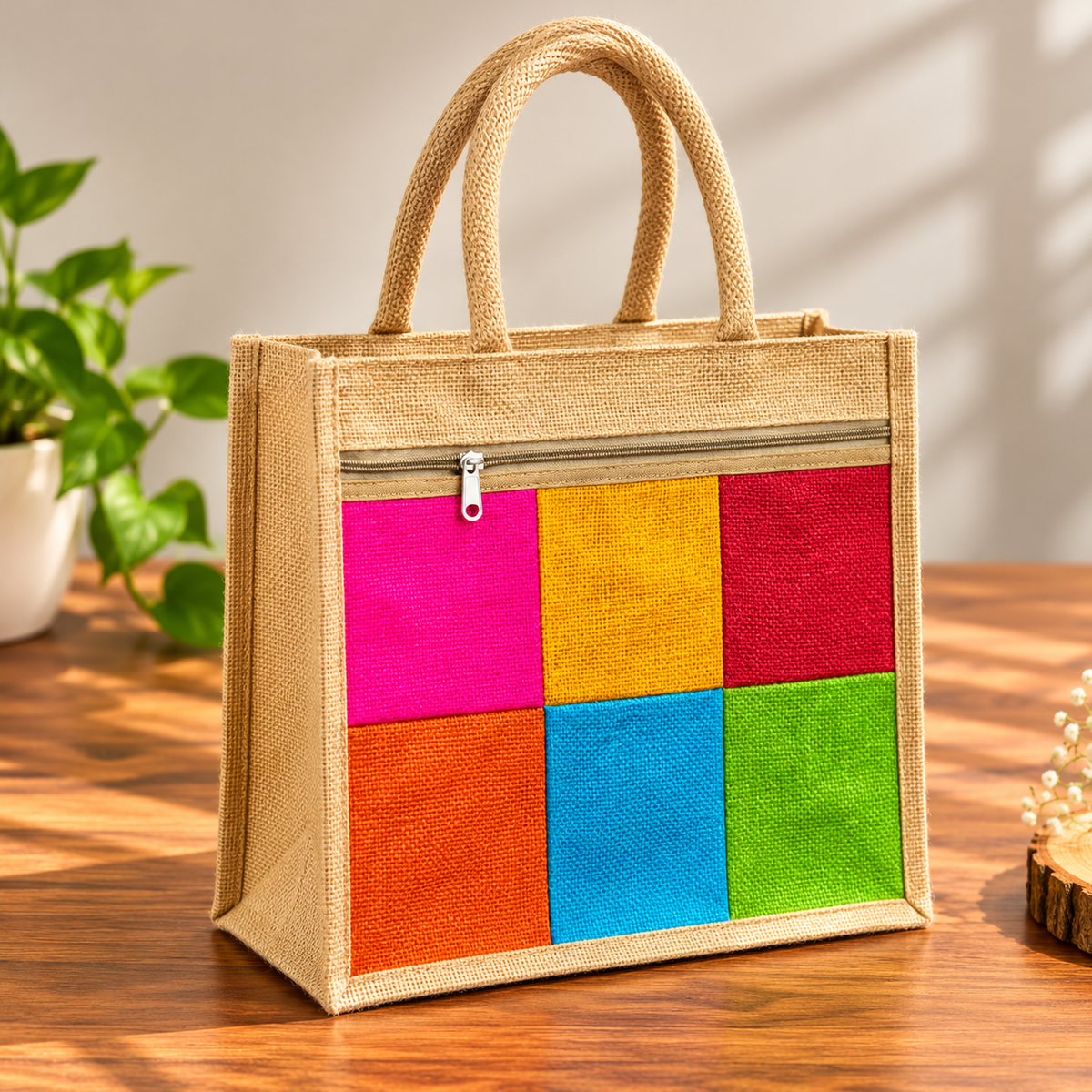 Rainbow Jute Tote Bag With Front Zipper