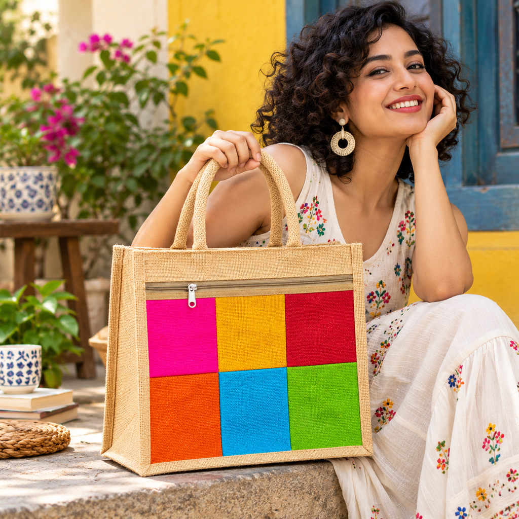 Rainbow Jute Tote Bag With Front Zipper